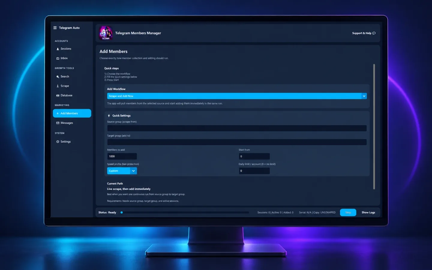 واجهة Telegram Members Manager كاملة: قائمة الأقسام، اختيار مسار العمل، وإعدادات الإضافة